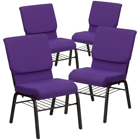 Flash Furniture 18.5"W Church Chair in Purple Fabric w/ Book Rack, 4PK 4-XU-CH-60096-PU-BAS-GG